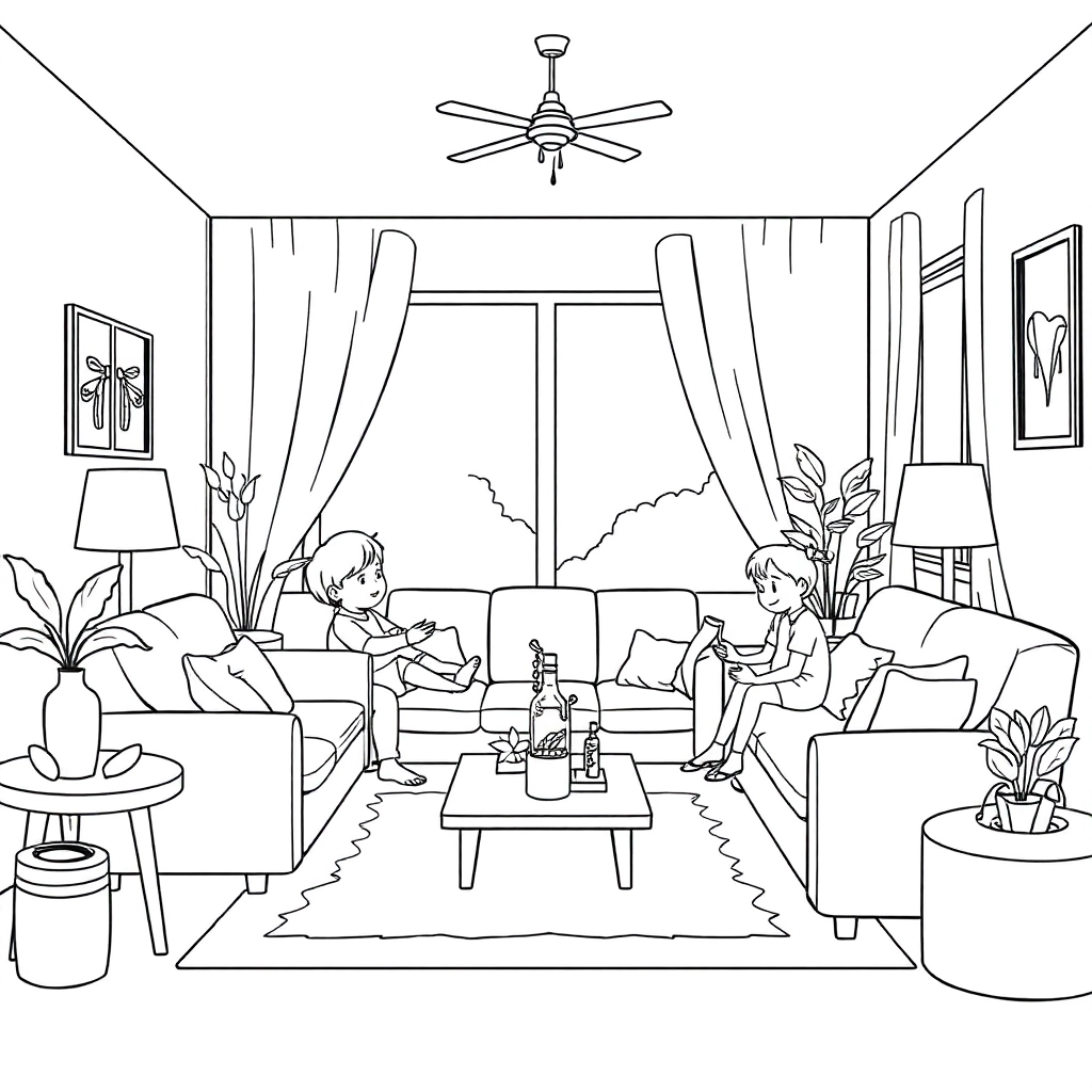 Family living room scene no one leaving the country Coloring Pages