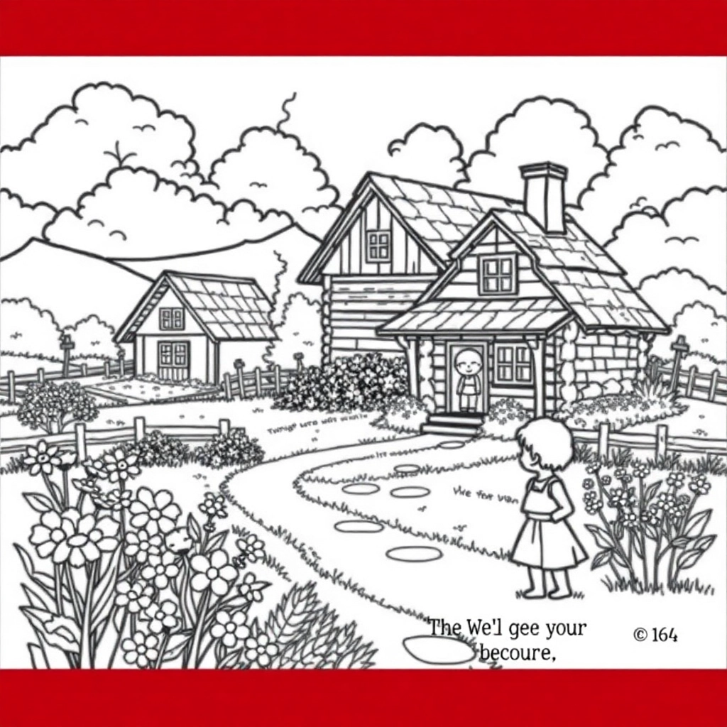 农村田园风光有花有 木房子 有小朋友 Coloring Pages