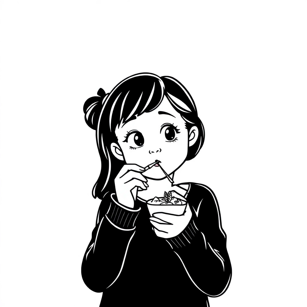 一个正在看手机吃饭的小女孩 صفحات التلوين