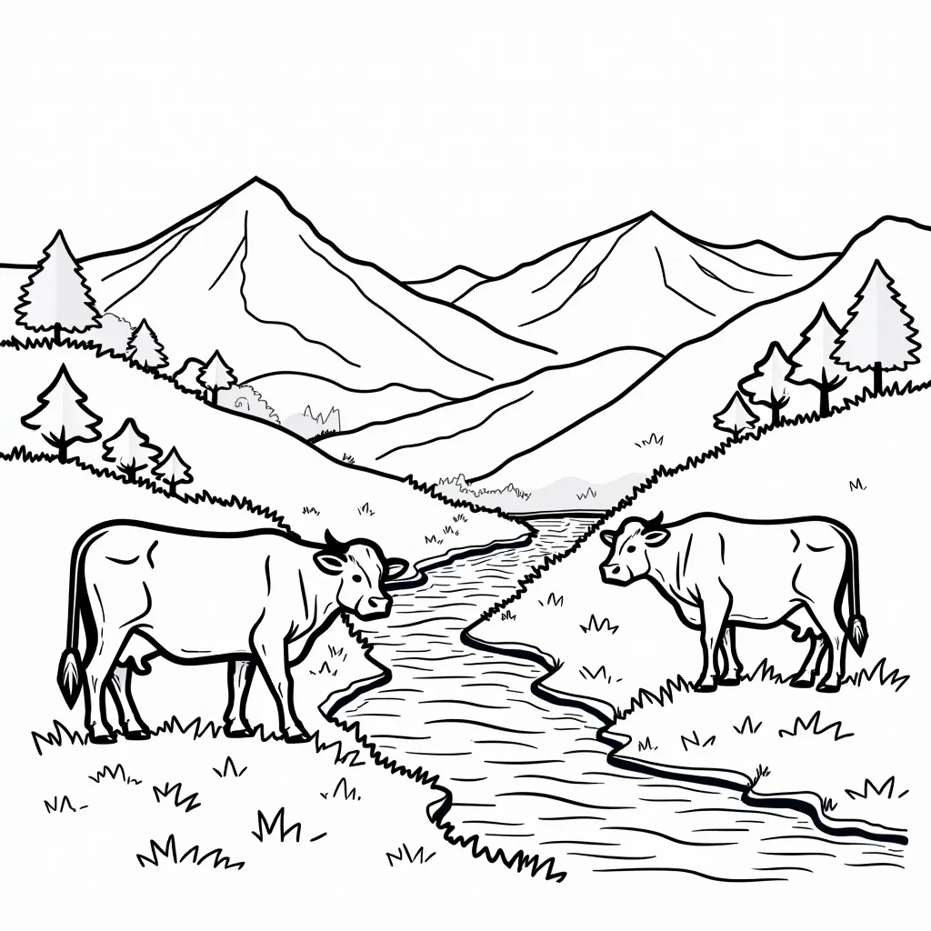 小山 河流 吃草的牛 coloring pages