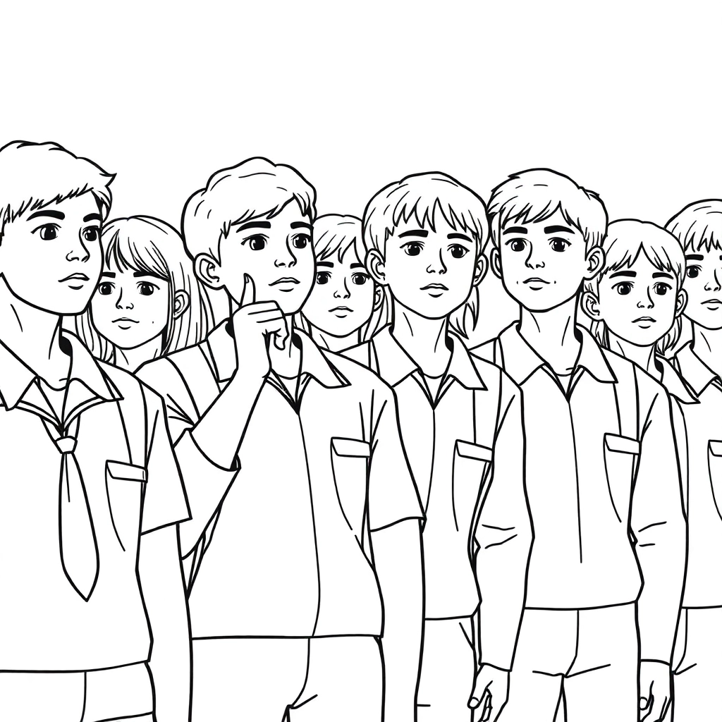 画一群充满朝气的青少年学生身穿校服右手握拳举至耳侧正在进行成人宣誓他们的眼神坚定望向远方 صفحات التلوين