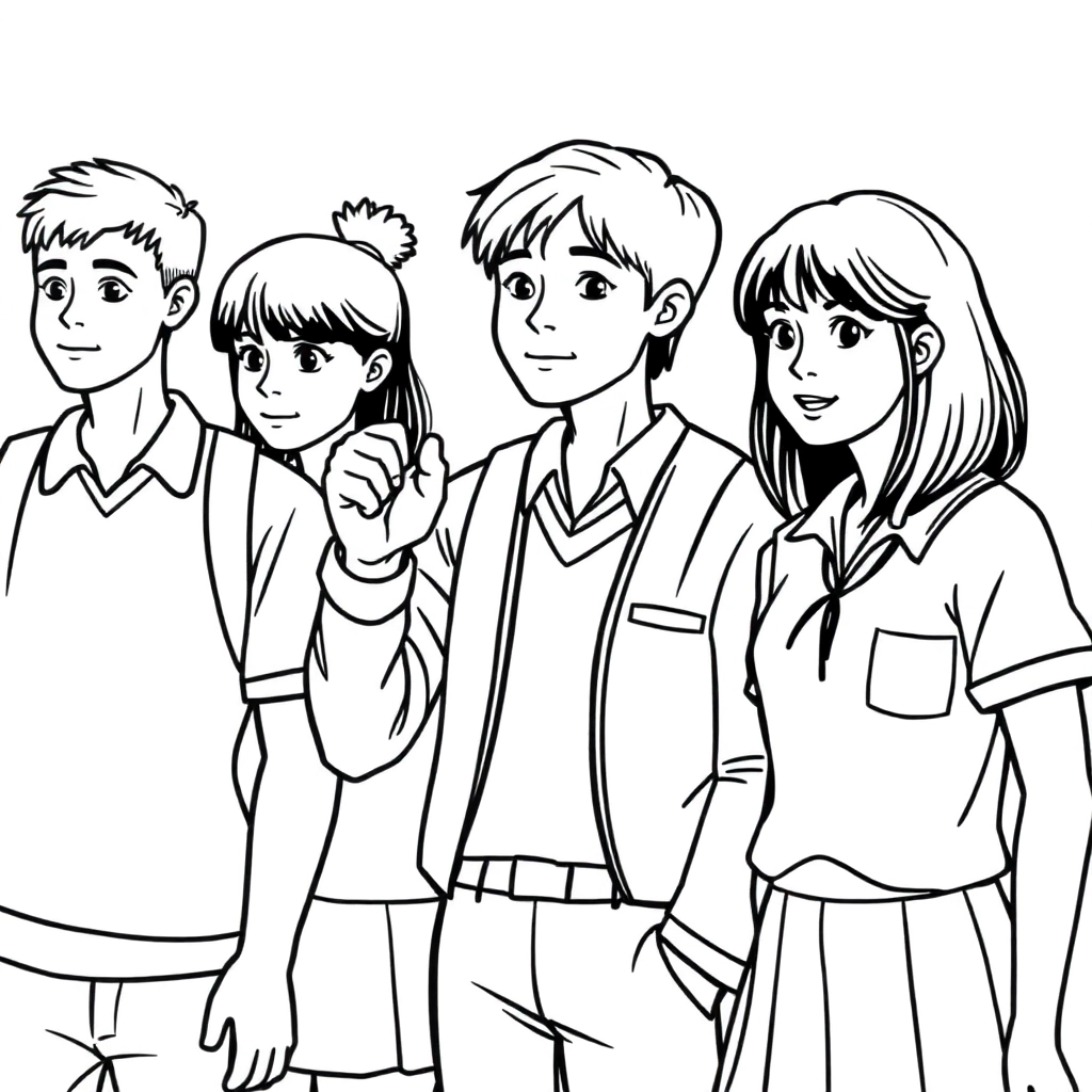 画一群充满朝气的青少年学生身穿校服右手握拳举至耳侧正在进行成人宣誓他们的眼神坚定望向远方 Coloring Pages