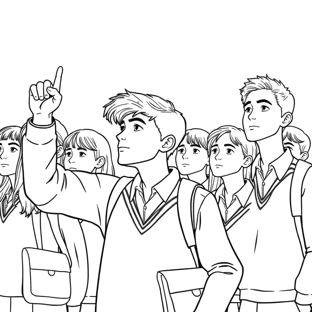 画一群充满朝气的青少年学生身穿校服右手握拳举至耳侧正在进行成人宣誓他们的眼神坚定望向远方 Páginas para Colorear