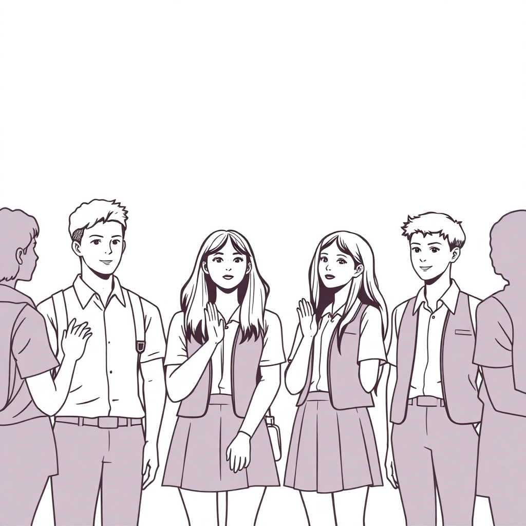 画一群充满朝气的青少年学生身穿校服右手握拳举至耳侧正在进行成人宣誓他们的眼神坚定望向远方 Páginas para Colorear