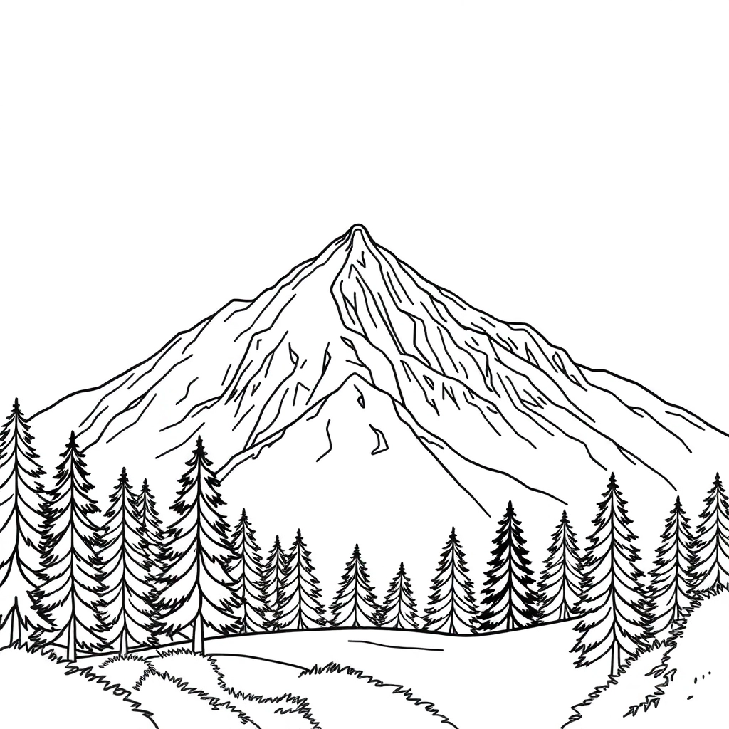 Mountain with white snow some trees Coloring Pages