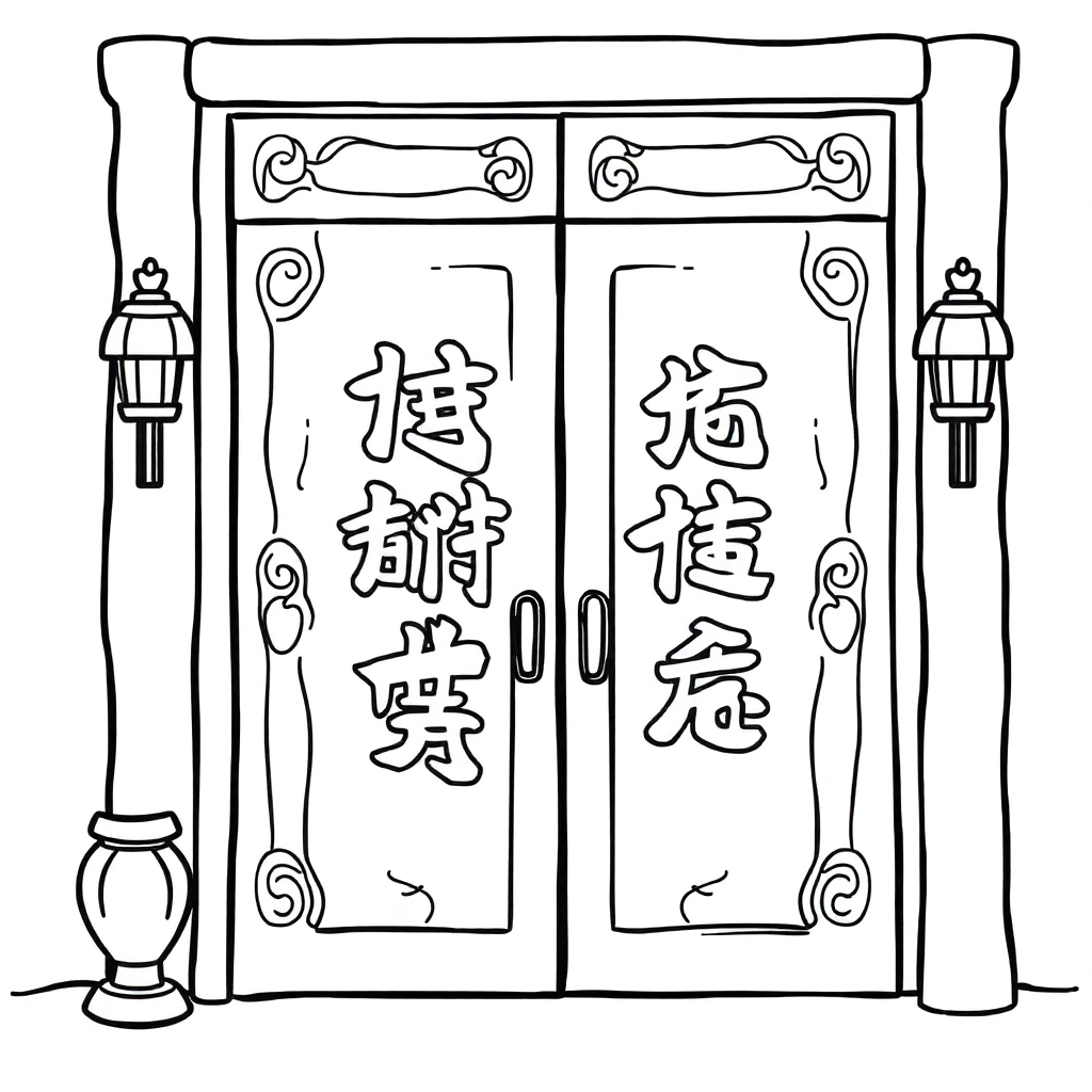 The door of the room was closed and there was simple Chinese writing on the door Coloring Pages