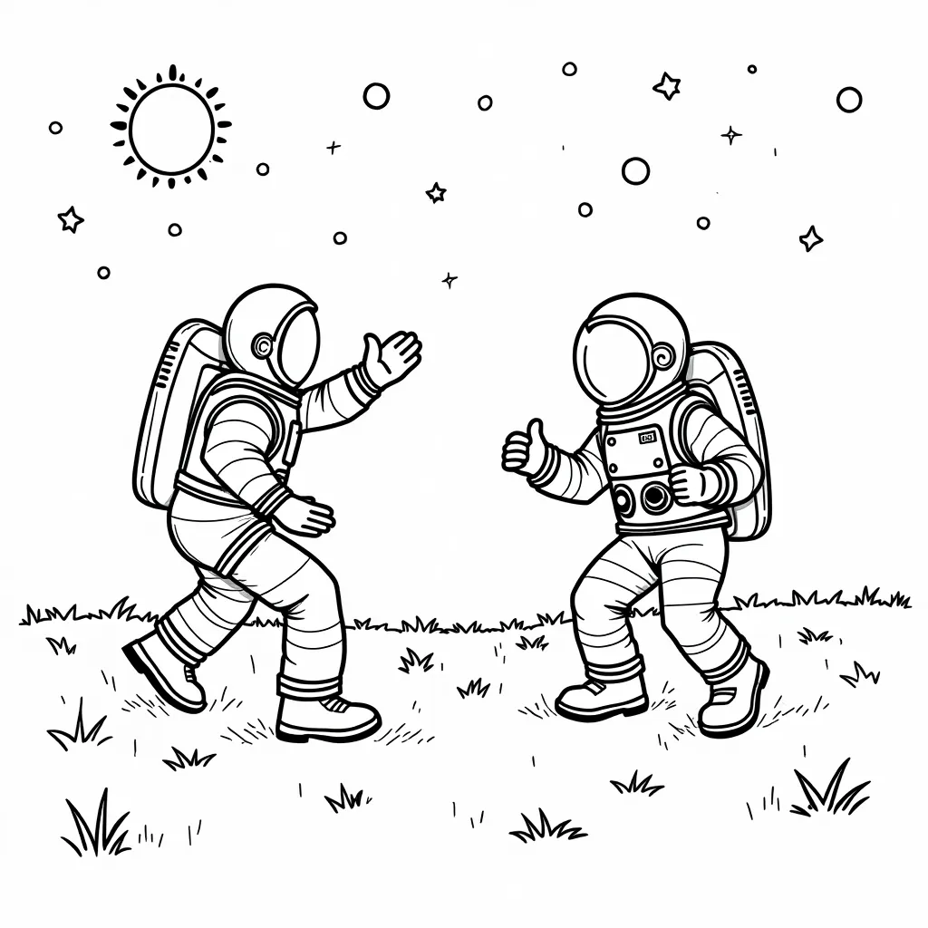 Astronauts are dancing on the grassland under the night sky coloring pages