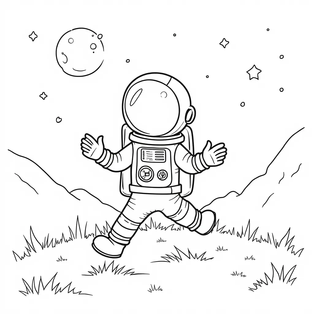 an astronauts is dancing on the grassland under the night sky coloring pages