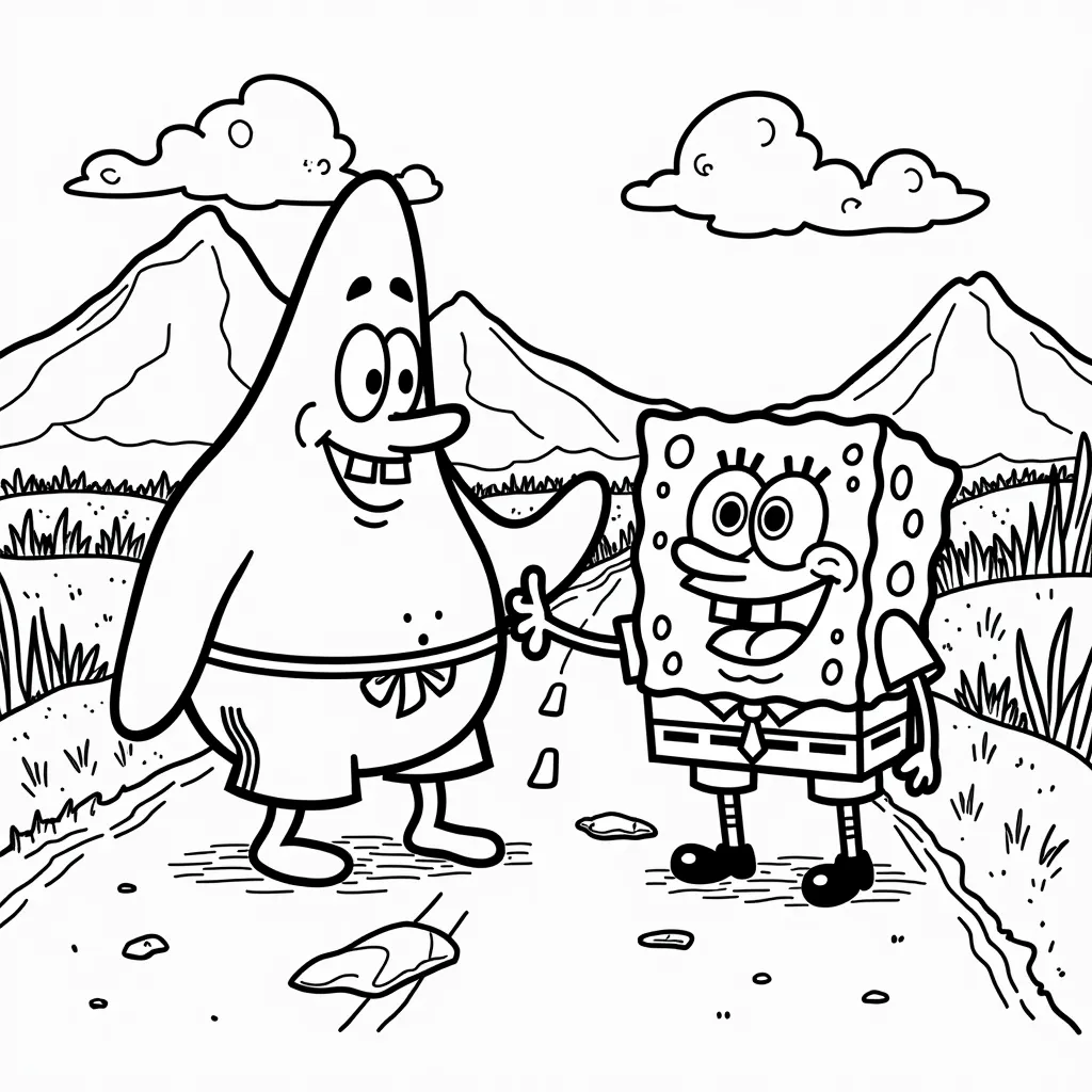 Patrick and sponge bob on a road trip in New Zealand  coloring pages