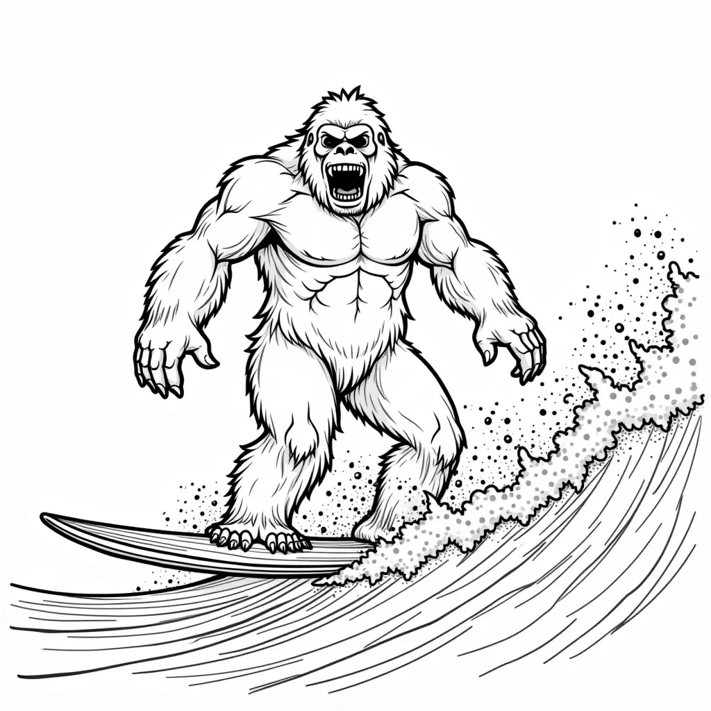 Bigfoot surfing The great wave off Kanagawa coloring pages