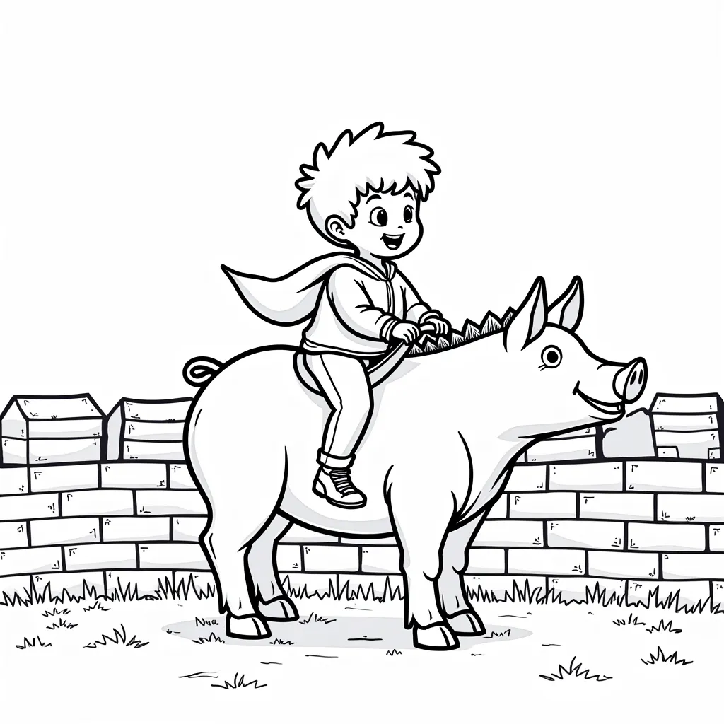 a boy ride a pig on the great wall coloring pages