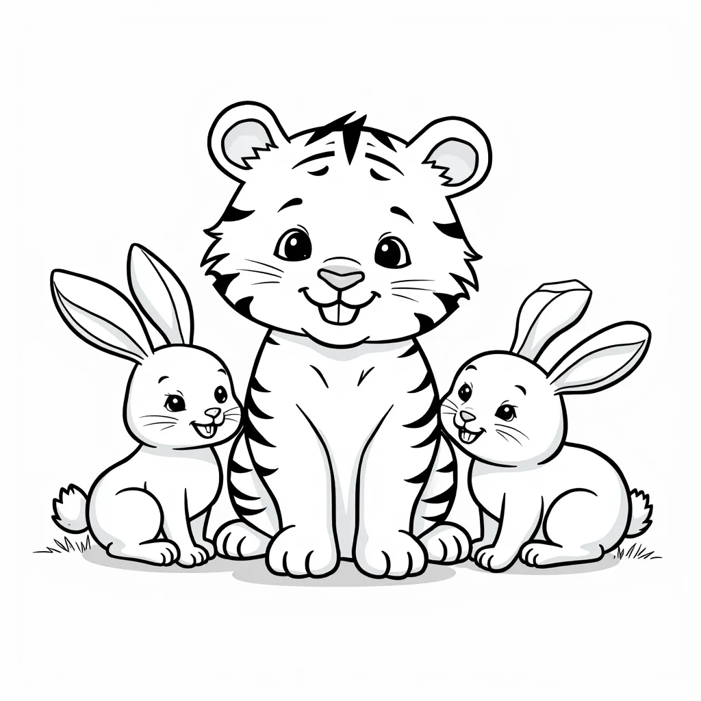 a tiger and two rabbit coloring pages