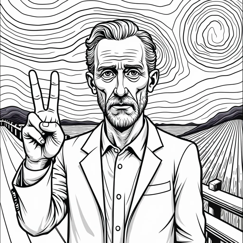 Van Gogh Scream Guy giving the peace sign صفحات التلوين