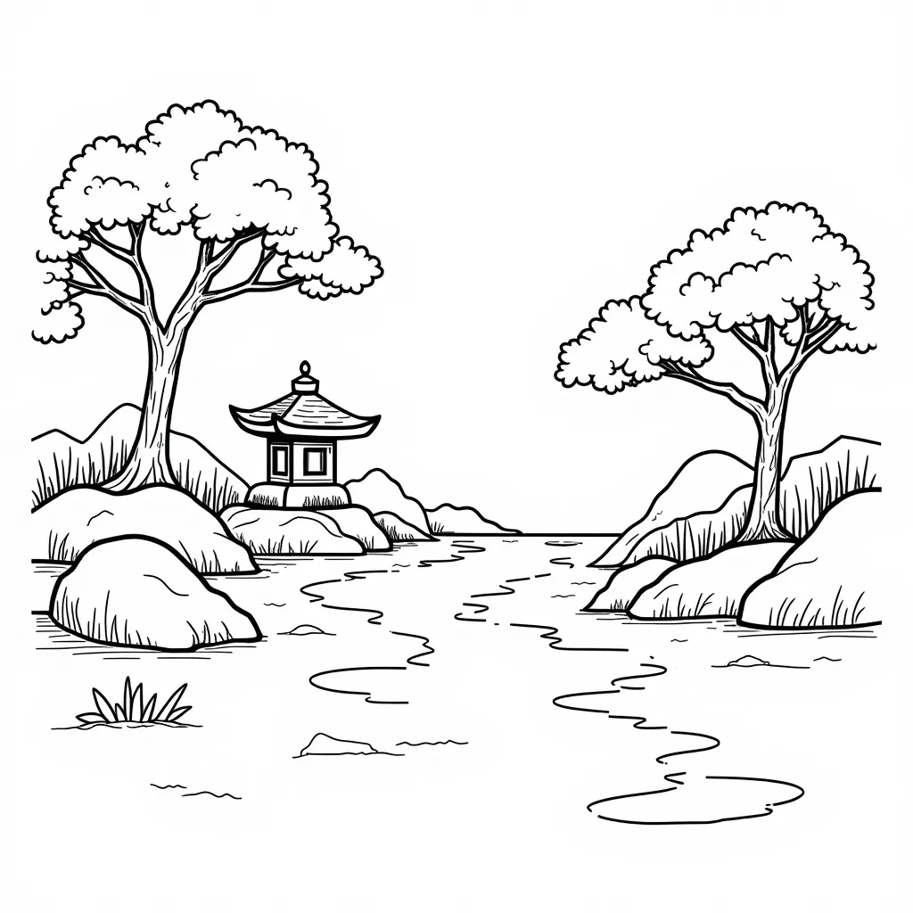 A zen garden with raked sand bonsai trees and a stone lantern صفحات التلوين