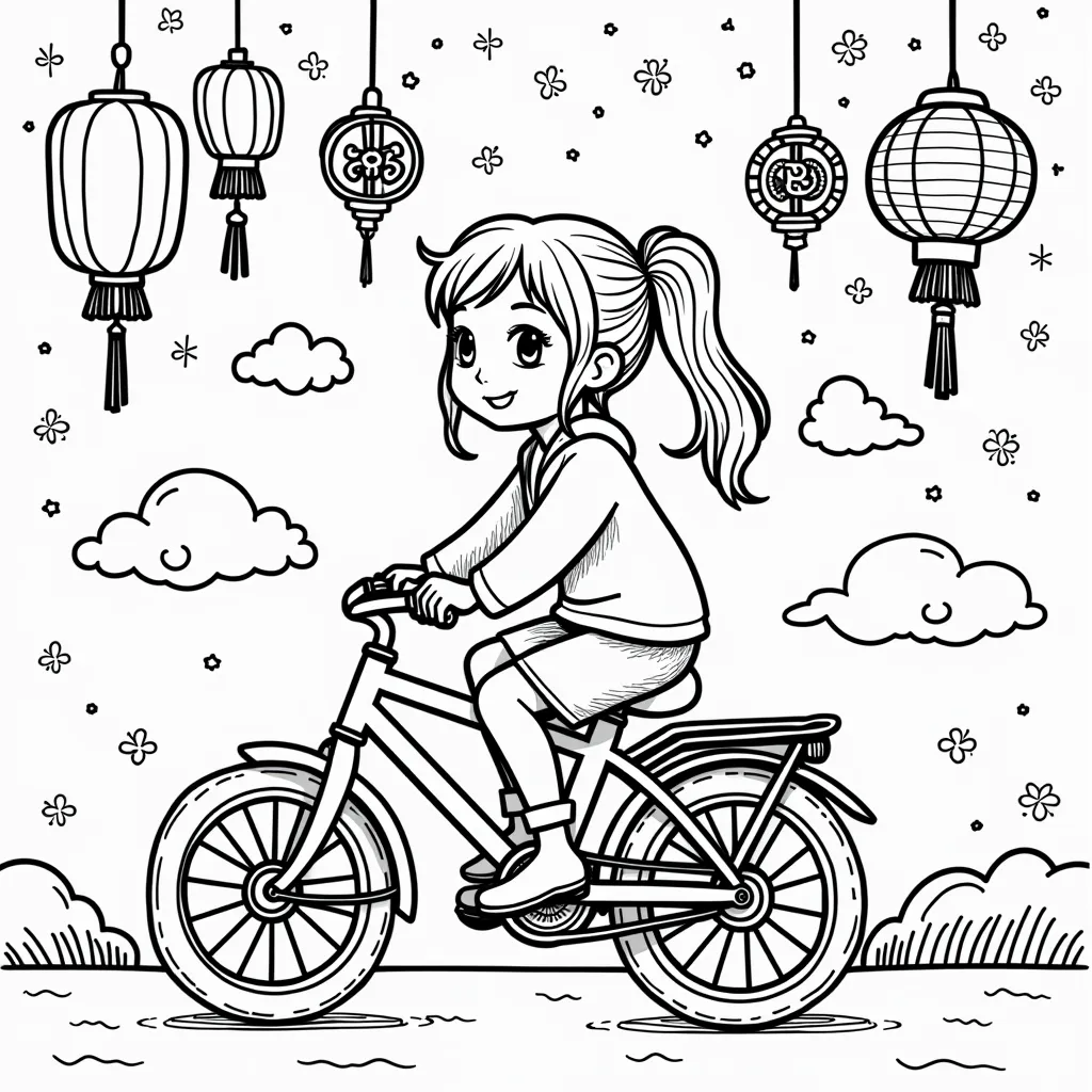 a girl ride a beautiful bike coloring pages