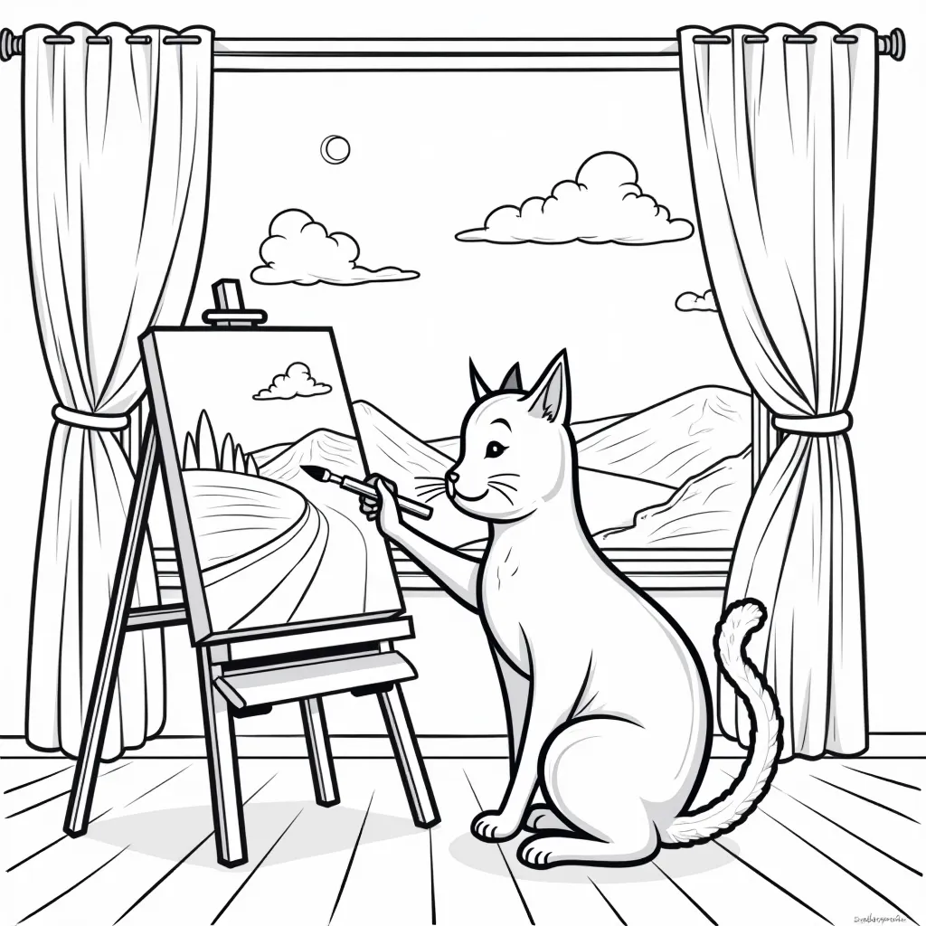 A cat artist painting a landscape on a canvas in a sunlit studio صفحات التلوين