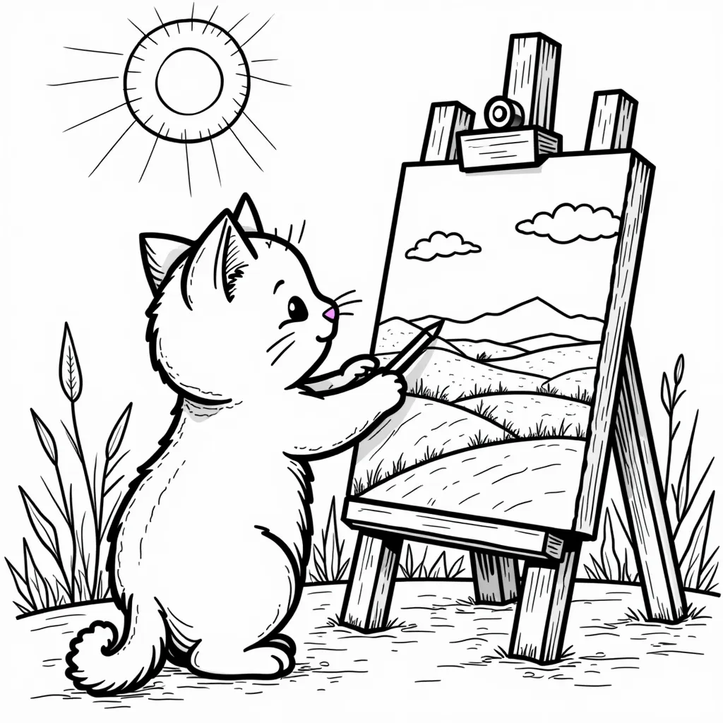 cute cat artist painting a landscape on a canvas in a sunlit studio صفحات التلوين