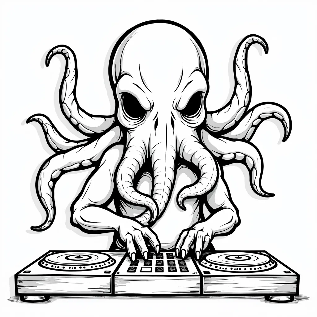Cthulhu dj with mixer and vinyl records صفحات التلوين