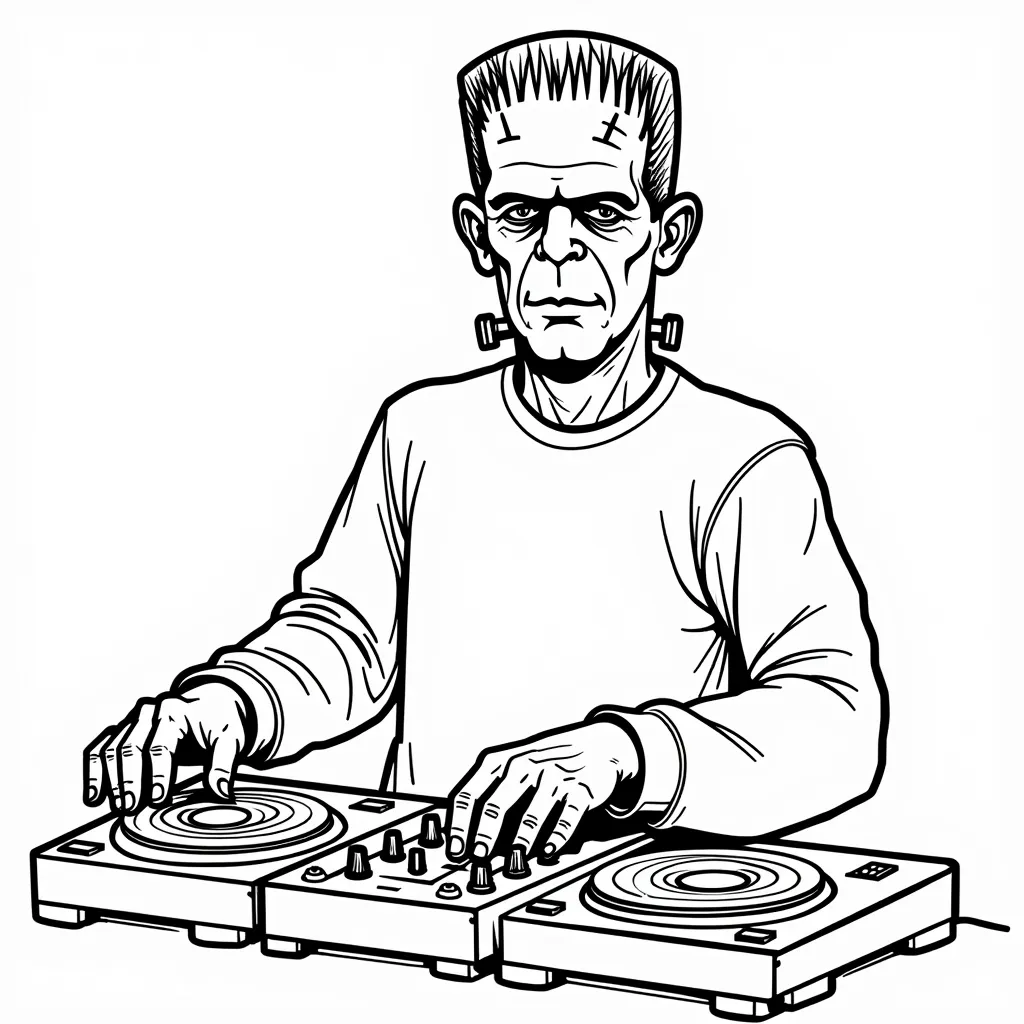 Frankenstein dj with mixer and vinyl records Páginas para Colorear