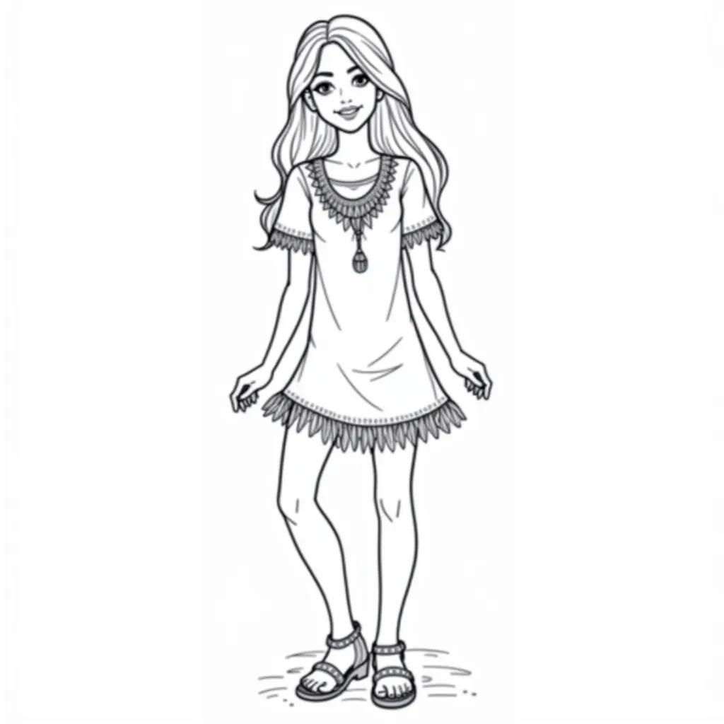woman in a casual boho dress with fringe and sandals صفحات التلوين
