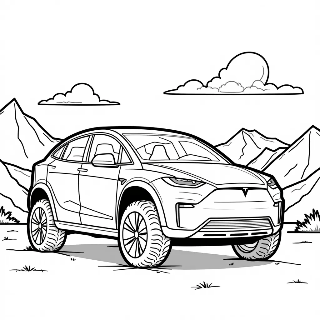 Tesla cybertruck in mountains coloring pages