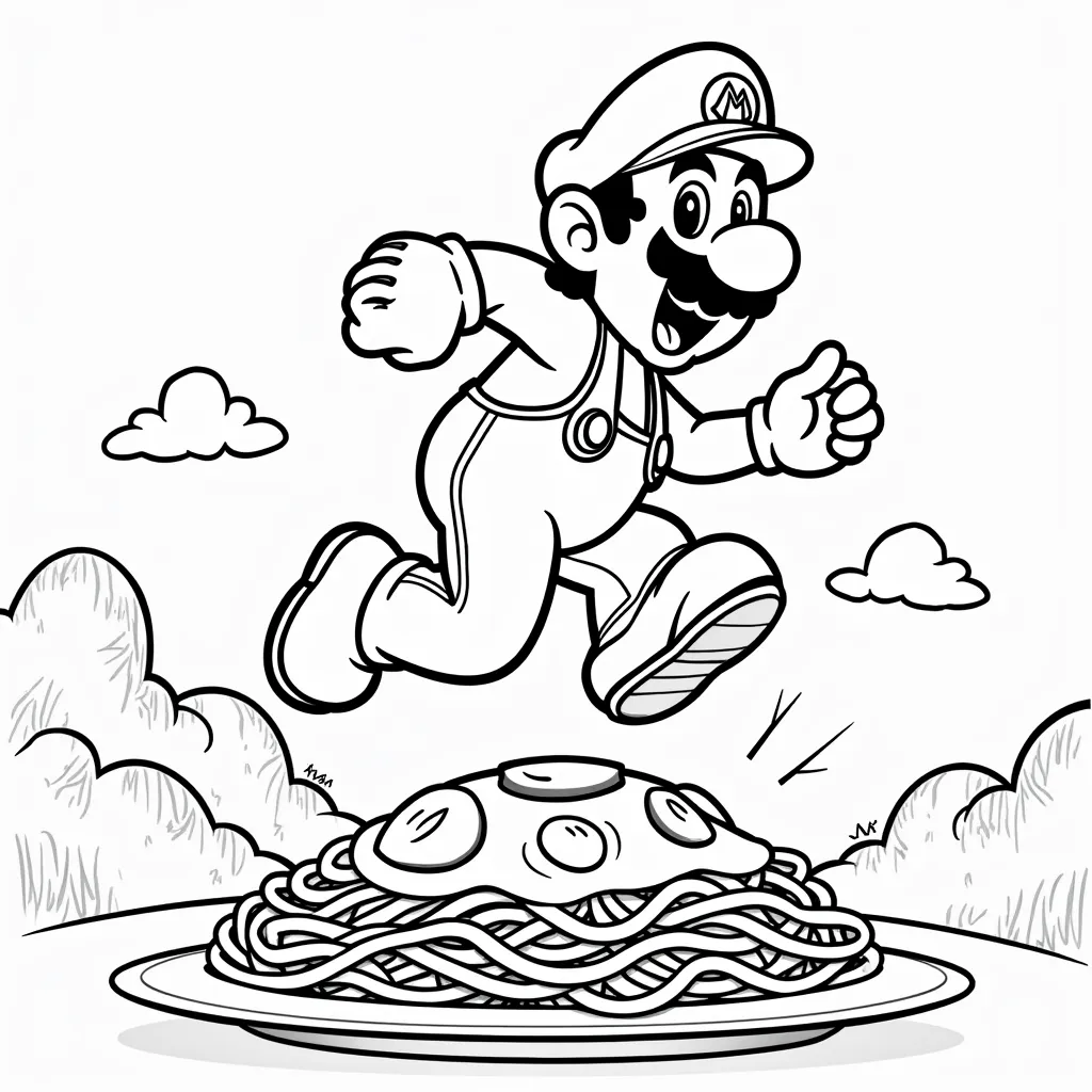 Super Mario Jump on Spaghetti instea a mushroom enemy coloring pages