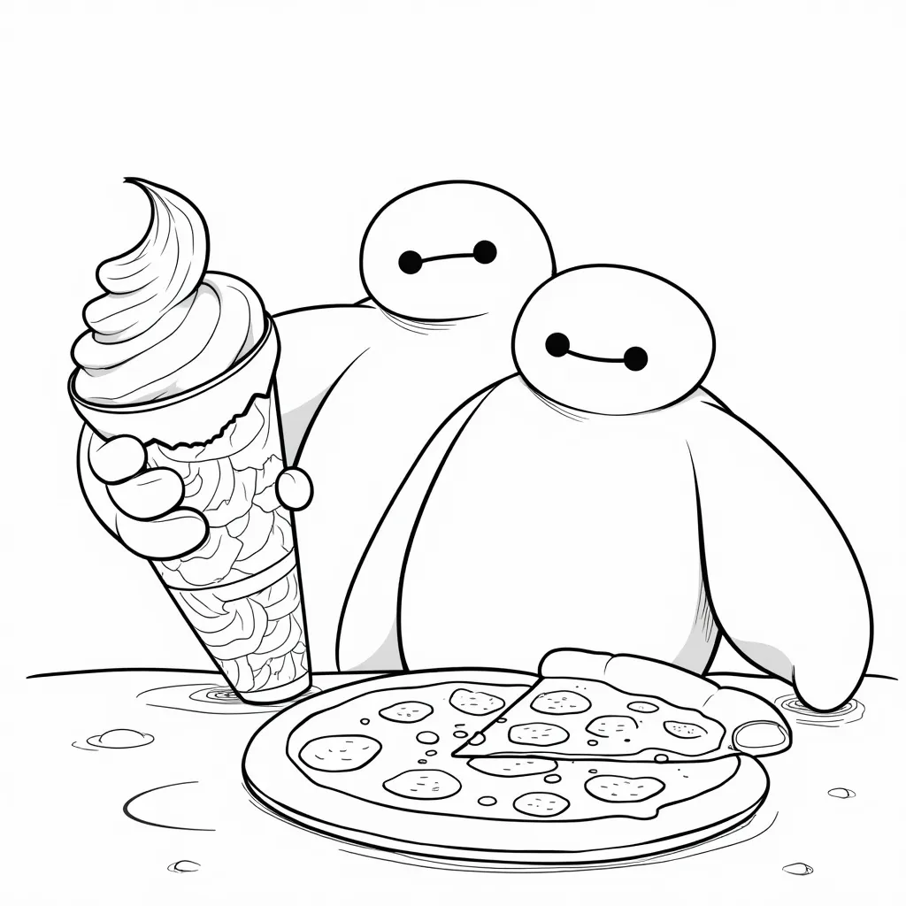 baymax having pizza and ice cream with friend coloring pages