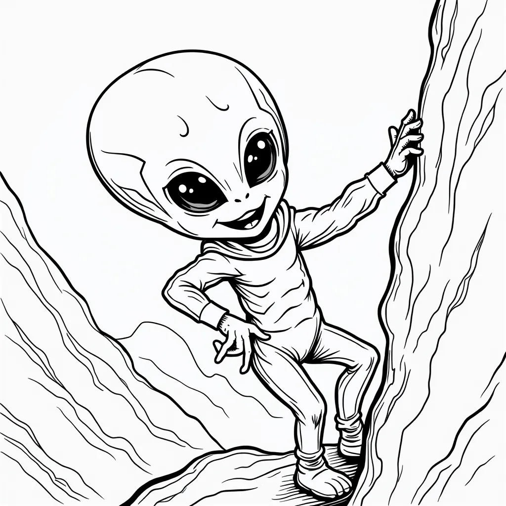 Alien having fun rock climbing with friends coloring pages