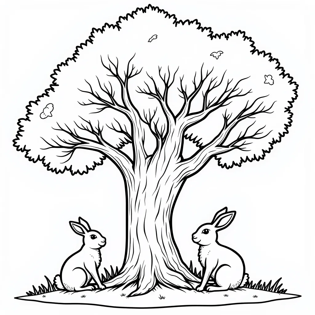 Generate a coloring page featuring an old oak tree with a bunny rabb  coloring pages