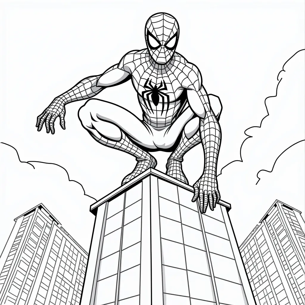 spiderman with a cool pose on top of a building  coloring pages