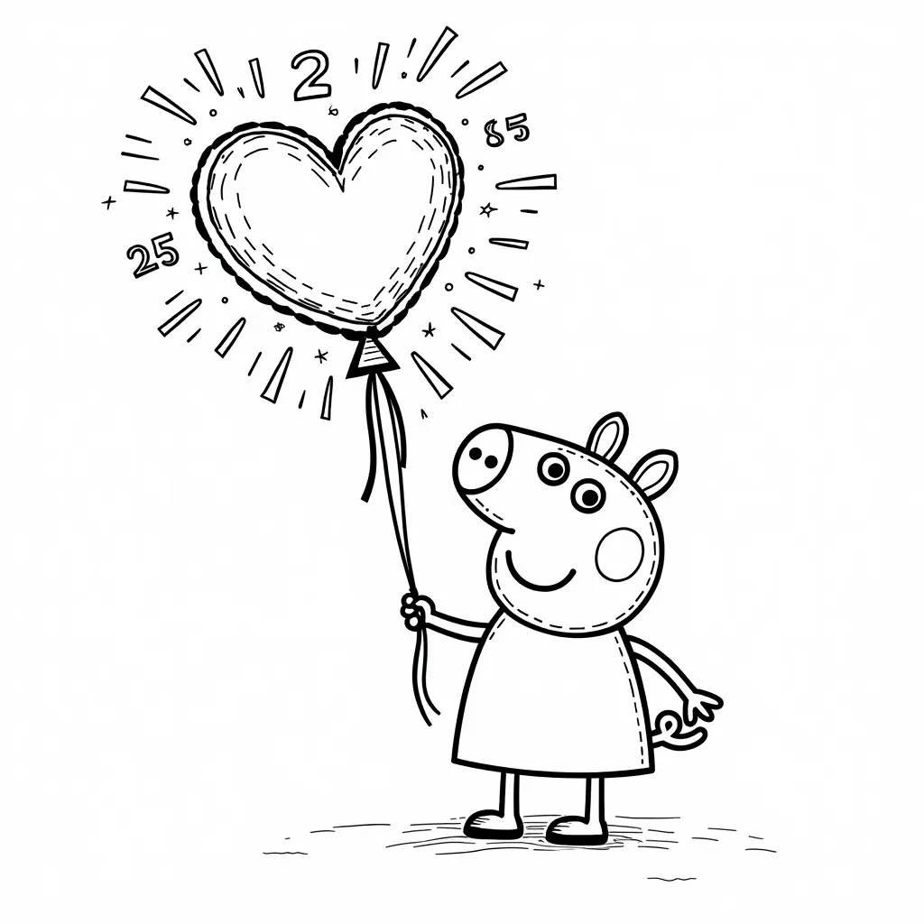 A girl holding a heart shaped balloon with Peppa Pig coloring pages