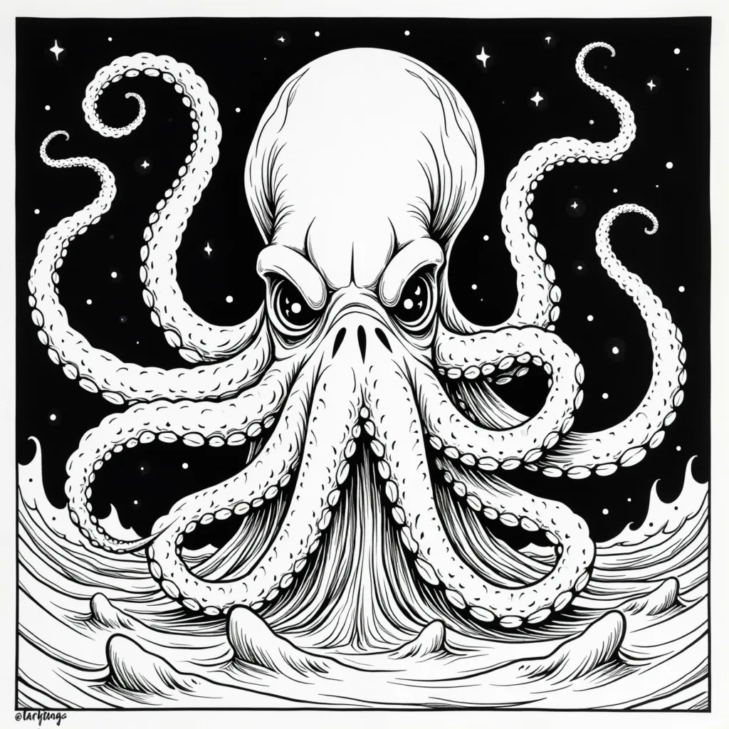 ملصق ضوء أسود سايكدلي من السبعينيات مع فن البوب السريالي لـ Cthulhu