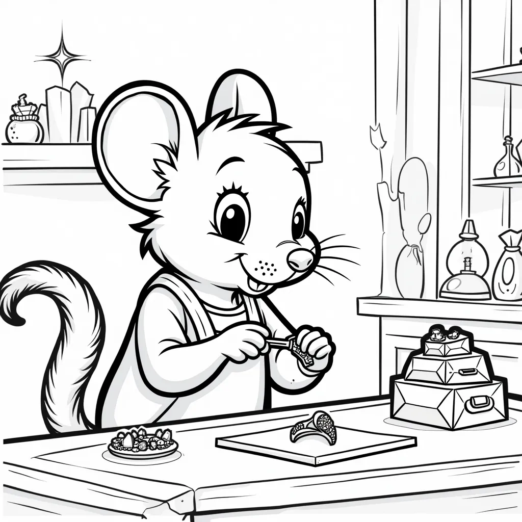 A Mouse Jeweler Crafting Tiny Gemstone Rings in a Shop with Sparkling Displays صفحات التلوين