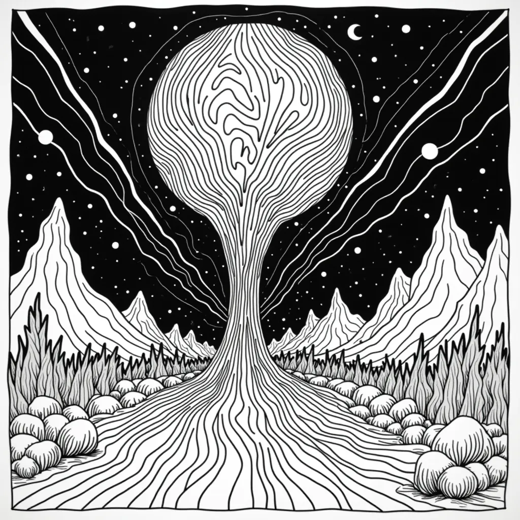 ملصق السبعينات النفسي بضوء أسود مع فن البوب السريالي لألبوم Unknown Pleasures لفرقة Joy Division