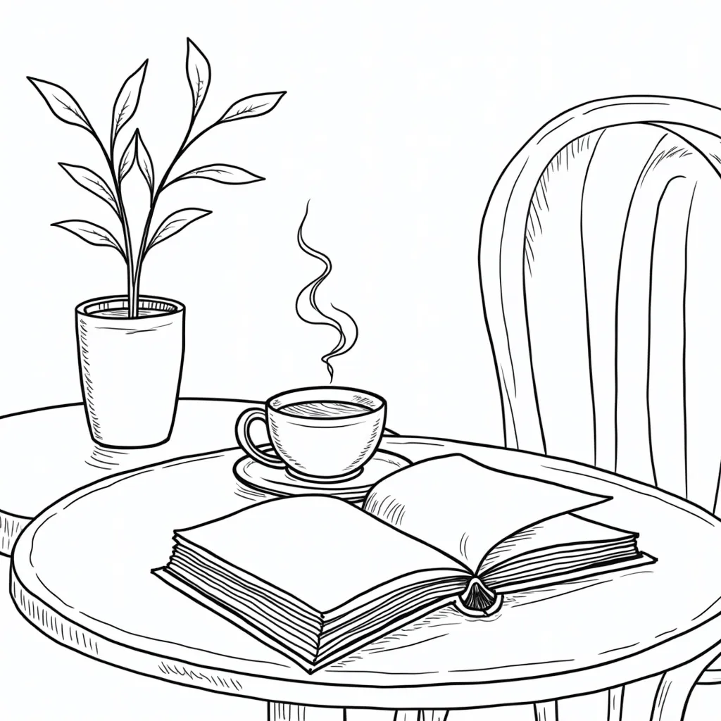 Cozy café table with a steaming cup of coffee and an open book صفحات التلوين