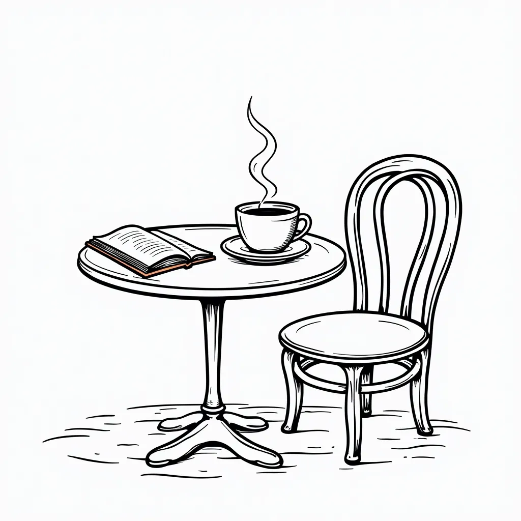 cute café table with a steaming cup of coffee and an open book صفحات التلوين