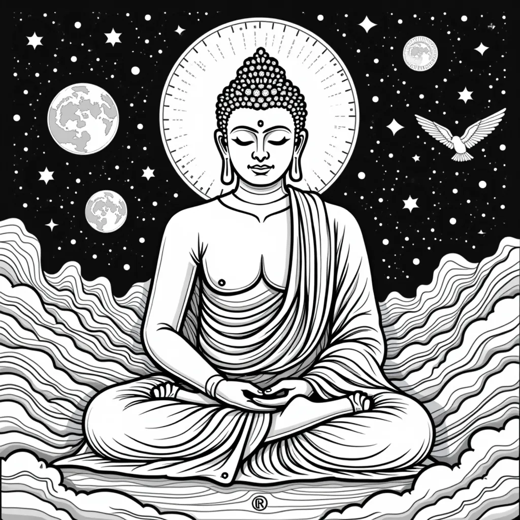 ملصق ضوء أسود سيكادلي من السبعينيات مع فن بوب سريالي من Joy Division 'Unknown Pleasures Buddha'
