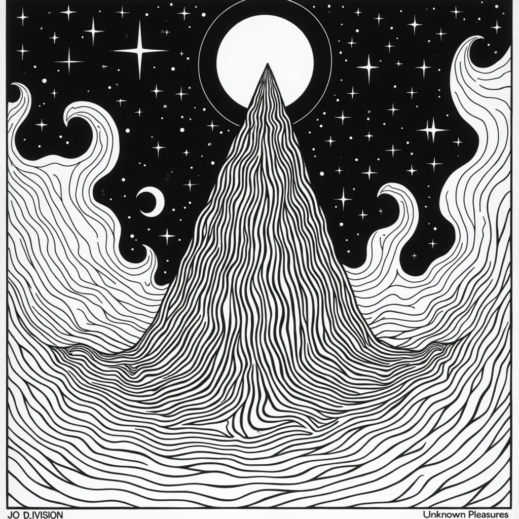 ملصق الأضواء السوداء السايكديلية من السبعينيات مع فن البوب السريالي لفرقة Joy Division و Unknown Pleasures وألومناتي