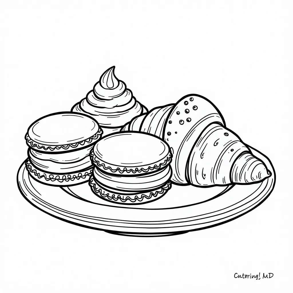 Cute dessert display with macarons croissants and tiny pastries صفحات التلوين