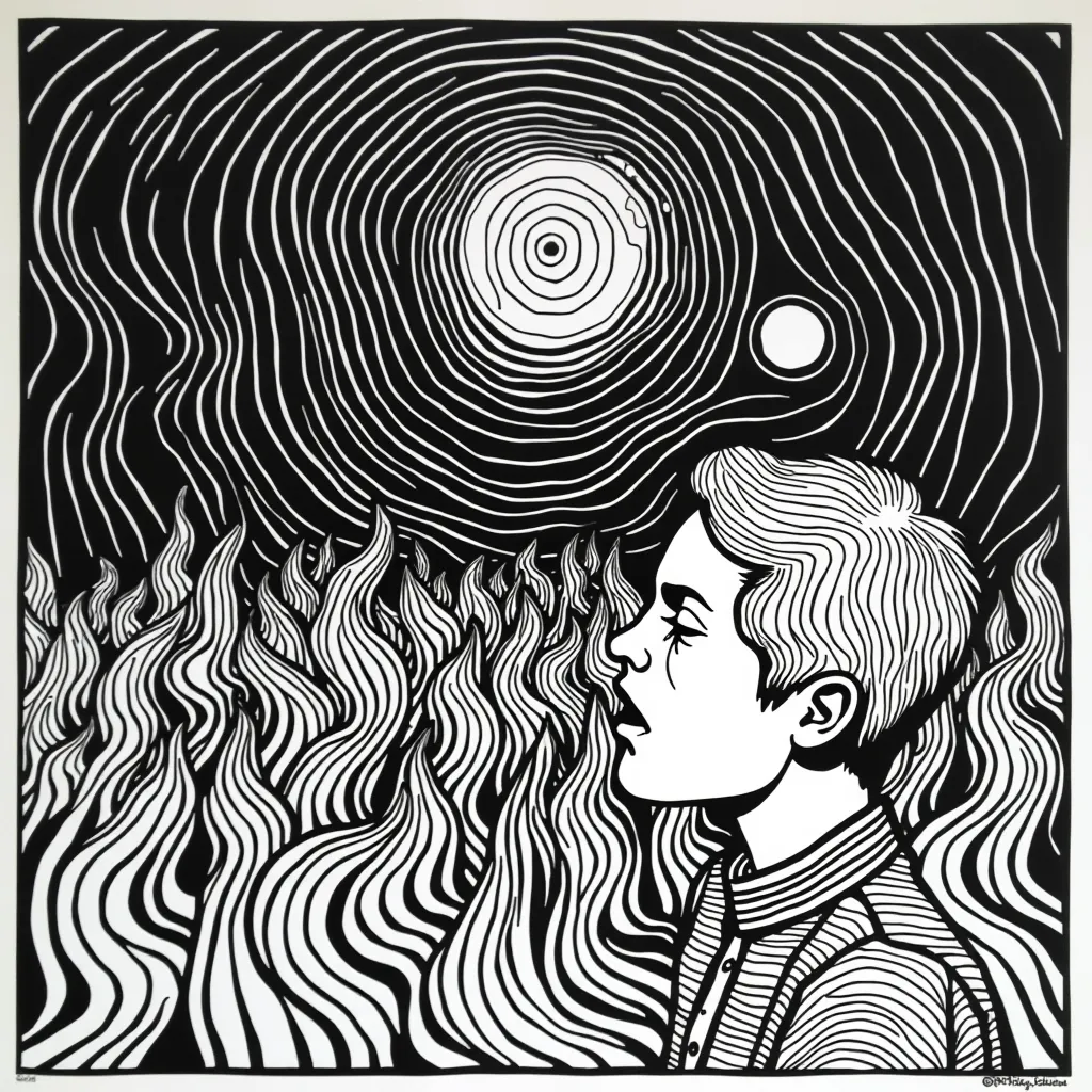 ملصق ضوئي أسود من السبعينيات مع فن بوب سوريالي لألبوم Joy Division 'Unknown Pleasures'