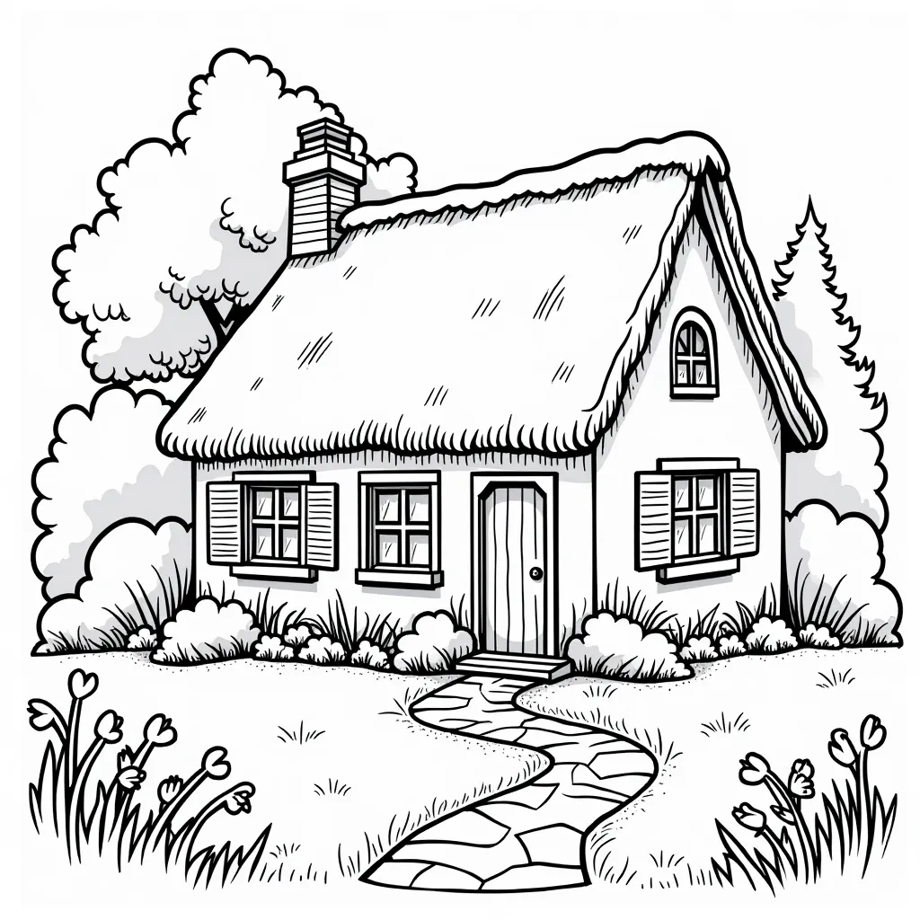 Cozy cottage with a thatched roof and a garden path صفحات التلوين