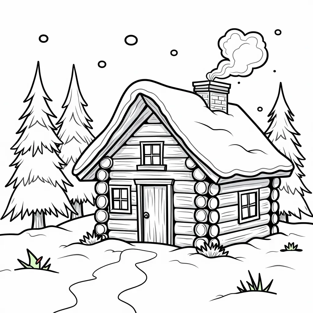 Cozy log cabin in the snow with smoke curling from the chimney صفحات التلوين