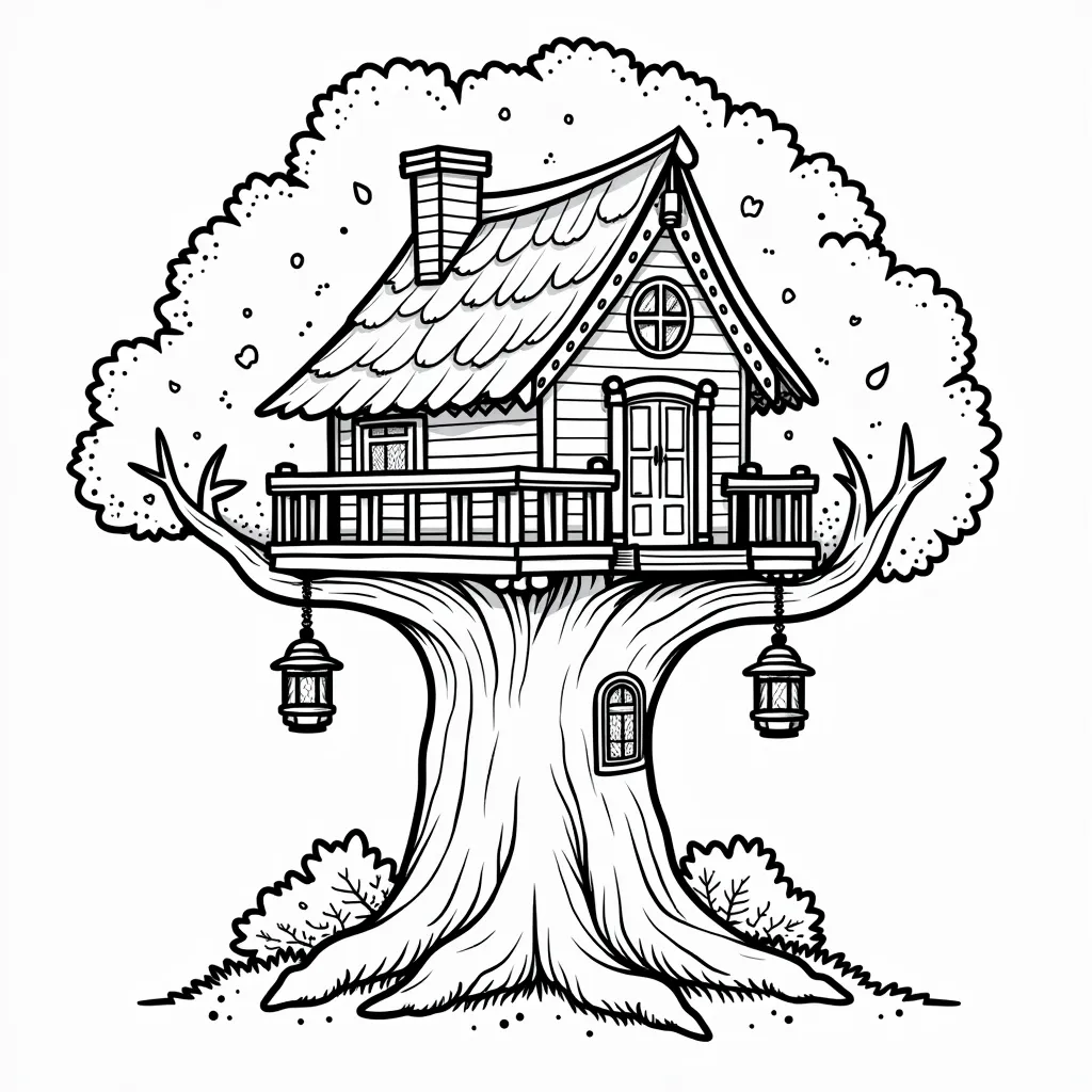 Cozy treehouse with lanterns صفحات التلوين
