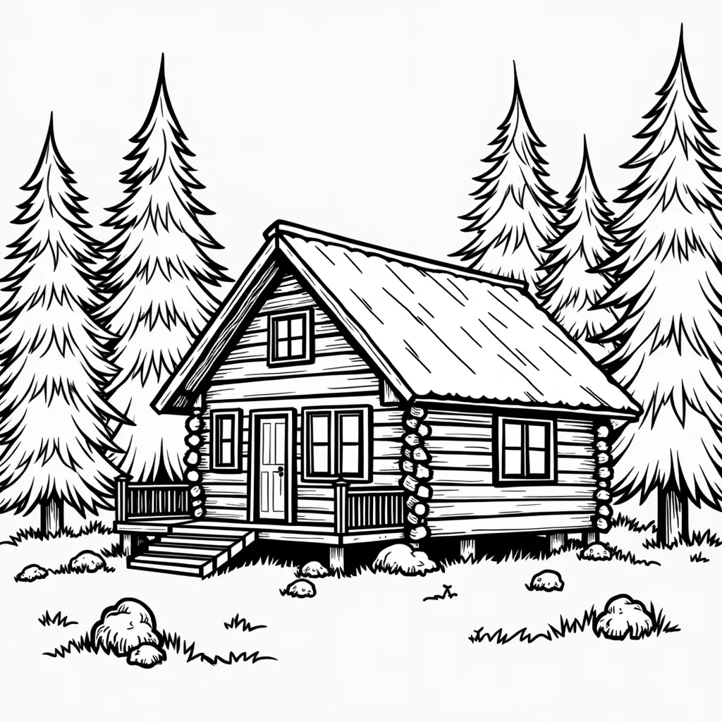 Cozy Aframe cabin surrounded by tall pine trees صفحات التلوين