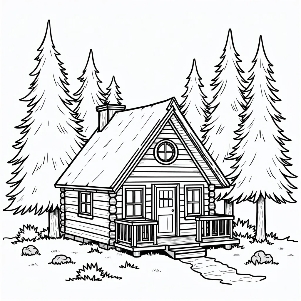 Cozy A frame cabin surrounded by tall pine trees صفحات التلوين