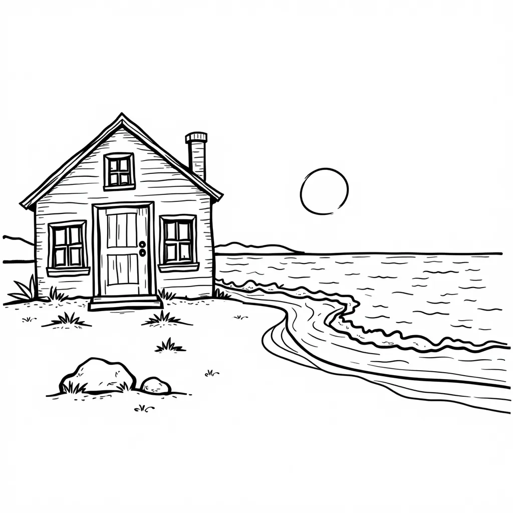 Cozy seaside house with waves gently touching the shore صفحات التلوين