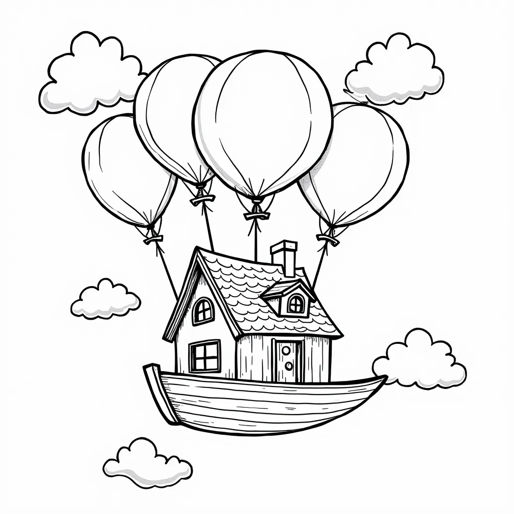 Whimsical floating house carried by giant balloons صفحات التلوين