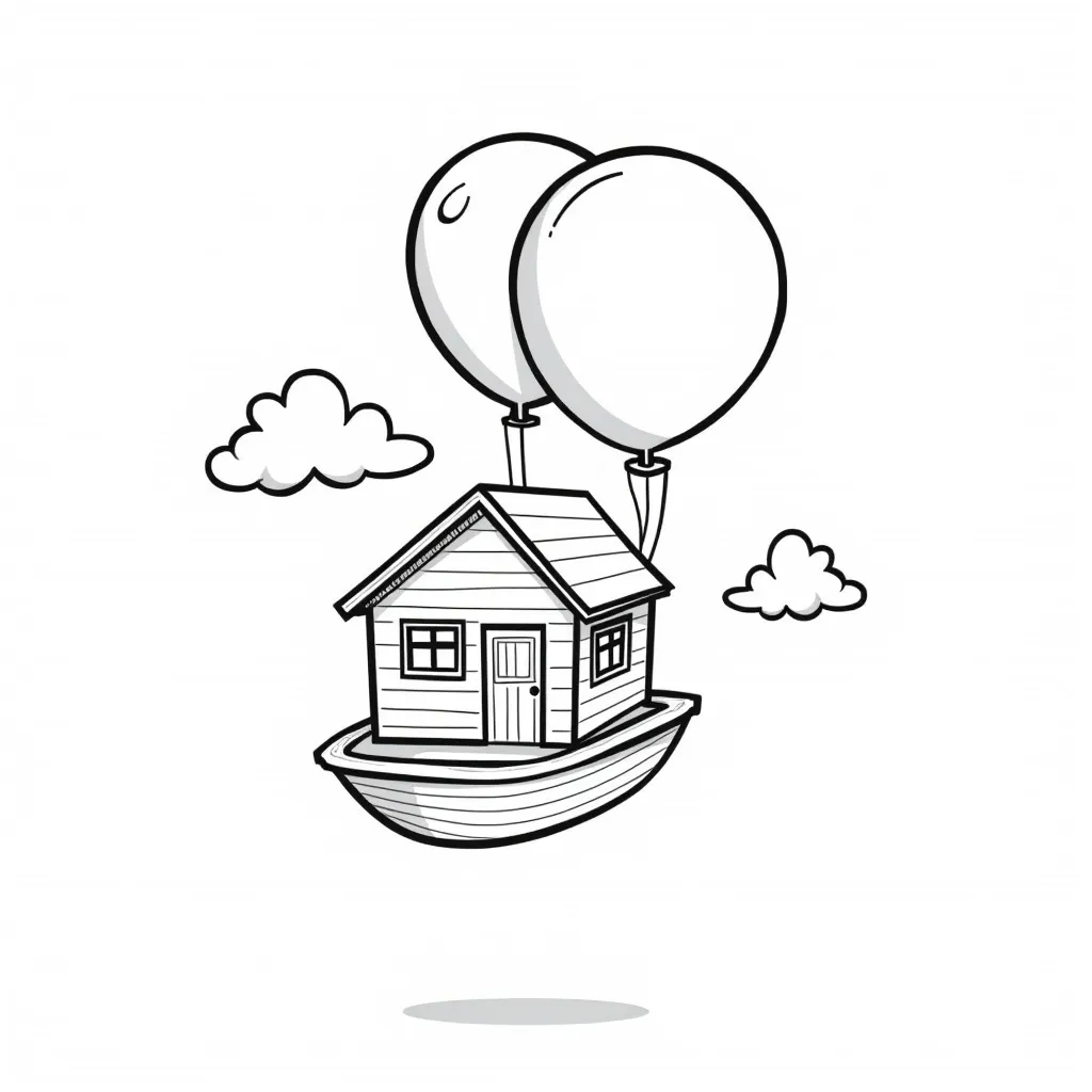 floating house carried by giant balloons صفحات التلوين
