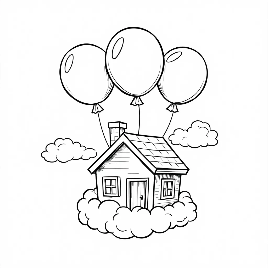 house among the clouds carried by balloons صفحات التلوين