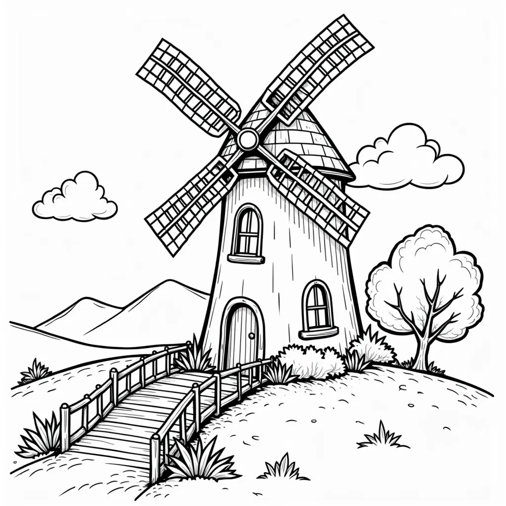 Whimsical windmill house with a tiny bridge leading to it صفحات التلوين